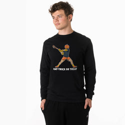 A man wearing a black long-sleeve t-shirt with a graphic of a lacrosse player with a pumpkin head and the text 'HAT-TRICK OR TREAT' on the front, paired with black sweatpants, against a plain white background.