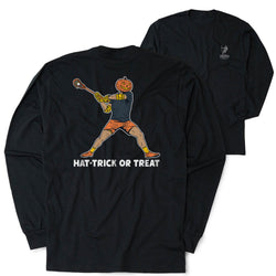 Black long-sleeve shirt with a halloween lacrosse graphic design and text 'Hat-Trick or Treat' on a white background