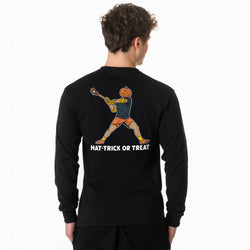 Person wearing a black long-sleeve shirt with a design and text on the back, on a white background