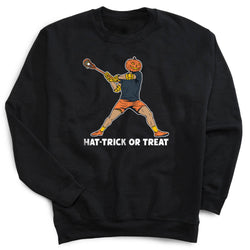 A black crewneck sweatshirt featuring a graphic of a lacrosse player with a pumpkin head wearing a yellow striped hat and orange shorts, with the text 'HAT-TRICK OR TREAT' printed below in white.