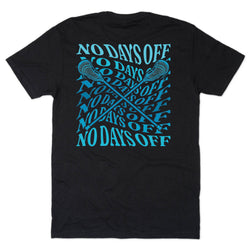 A black short-sleeve t-shirt shown flat against a white background, featuring a large graphic on the back with the phrase 'NO DAYS OFF' repeated in bright blue text and crossed lacrosse sticks.