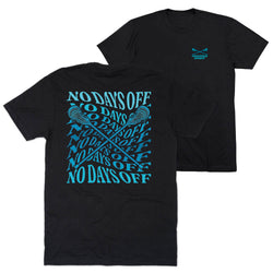 Two black short-sleeve t-shirts shown on a white background, with the front and back views overlapping. The back shirt features a large turquoise graphic with the text 'NO DAYS OFF' repeated in an arc around crossed lacrosse sticks.