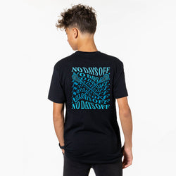 A boy wearing a black t-shirt with a bright turquoise blue lacrosse graphic print on the back, shown from behind against a plain white background.