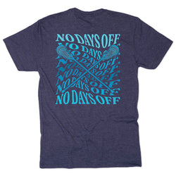 A heather navy blue short-sleeve t-shirt showing the back, which features a large graphic print in bright blue. The graphic displays the phrase 'NO DAYS OFF' repeated in a circular pattern with two crossed lacrosse sticks running through the center.
