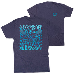 A heather navy blue t-shirt shown from both the front and back. The back features a large graphic print with the text 'NO DAYS OFF' repeated in light blue, overlaid with two crossed lacrosse sticks.