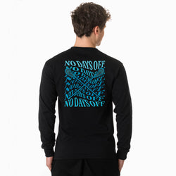 A man viewed from the back wearing a black long-sleeve shirt with a large turquoise graphic on the back reading 'NO DAYS OFF' in a repeating pattern with crossed lacrosse sticks.