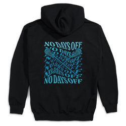 A black pullover hoodie shown from the back, featuring a large graphic print in bright blue. The design displays the phrase 'NO DAYS OFF' repeated in a dynamic, layered pattern with crossed lacrosse sticks weaving through the text, set against a plain white background.