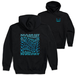 Black hoodie with 'No Days Off' lacrosse design on the back, displayed from front and back views.