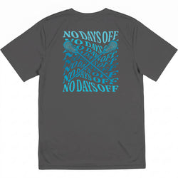 A dark gray short-sleeve t-shirt with a blue graphic on the back featuring the text 'NO DAYS OFF' repeated in a layered pattern with crossed lacrosse sticks.
