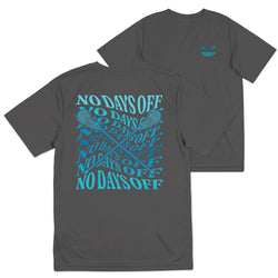 Two dark gray short-sleeve t-shirts shown on a white background, with the back view in front and the front view behind. The back shirt features a large turquoise graphic with the words 'NO DAYS OFF' repeated in a diagonal pattern with lacrosse sticks crossing through it.