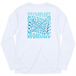 White long-sleeve performance t-shirt with a bright blue graphic on the back featuring the text 'NO DAYS OFF' repeated in a lacrosse theme.