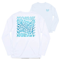 White long-sleeve performance t-shirt shown from the back, featuring a large light blue graphic with crossed lacrosse sticks and the text 'NO DAYS OFF' repeated diagonally. A smaller front-view inset shows the matching light blue logo on the left chest.