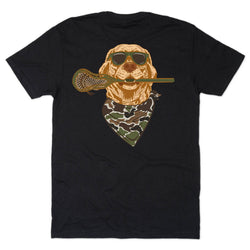 A black short-sleeve t-shirt with a graphic of a golden retriever wearing green sunglasses and a green camouflage bandana, holding a lacrosse stick in its mouth.