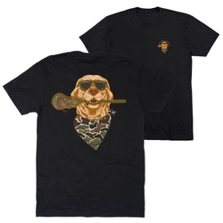 A black short-sleeve t-shirt shown from both front and back. The front features a large graphic of a golden retriever wearing sunglasses and a camouflage bandana, holding a lacrosse stick.