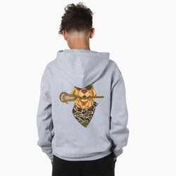 A child viewed from the back wearing a light heather gray hoodie with a large graphic on the back. The graphic shows a golden-brown bear wearing a camouflage bandana and holding a lacrosse stick.