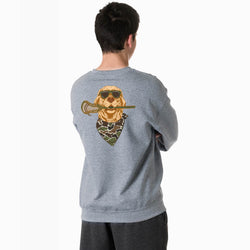 A man viewed from behind wearing a heather gray crewneck sweatshirt with a large graphic of a dog wearing sunglasses and a bandana on the back, paired with dark gray pants, against a plain white background.