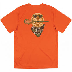 Bright orange short-sleeve t-shirt with a graphic of a golden retriever wearing sunglasses and a camouflage bandana, holding a lacrosse stick.