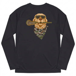 A black long-sleeve performance t-shirt shown from the back, featuring a graphic of a golden retriever wearing sunglasses and a camouflage bandana while holding a lacrosse stick.