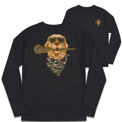 A black long-sleeve t-shirt shown from the back, featuring a large graphic of a golden retriever wearing sunglasses, a camouflage bandana, and holding a lacrosse stick. A smaller version of the graphic is shown on the left chest on the front-facing view of the same shirt.