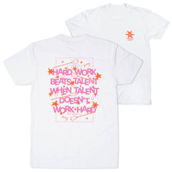 Two white short-sleeve graphic T-shirts shown on a plain white background, with the back view in front and the front view behind. The back shirt features a large pink and orange text graphic reading 'HARD WORK BEATS TALENT WHEN TALENT DOESN'T WORK HARD' with stars and lacrosse sticks.