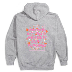 A heather gray pullover hoodie shown from the back, featuring a graphic print with pink text reading 'HARD WORK BEATSTALENT WHEN TALENT DOESN'T WORK HARD' surrounded by orange stars and white stars on a light pink rectangular background.