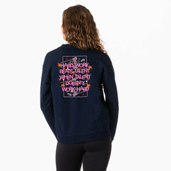 A woman viewed from the back wearing a navy blue sweatshirt with a colorful graphic text print on the back, paired with black leggings, against a plain white background.