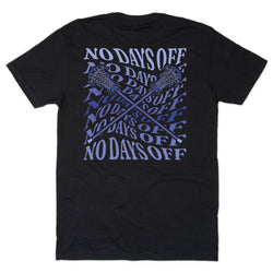 A black short-sleeve t-shirt shown flat against a white background, featuring a blue graphic print on the back with crossed lacrosse sticks and the text 'NO DAYS OFF' repeated.