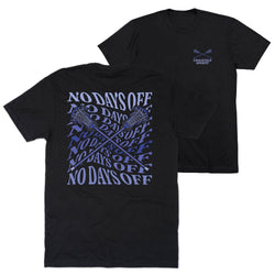 Black t-shirt with lacrosse graphic design and text 'No Days Off' in a pattern on a white background