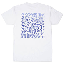 A white short-sleeve t-shirt with a large blue graphic print on the back. The graphic features the phrase 'NO DAYS OFF' repeated in a dynamic, layered layout with crossed lacrosse sticks and lacrosse head illustrations.