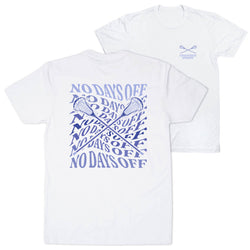A white short-sleeve t-shirt shown from both the front and back. The back features a large blue graphic with crossed lacrosse sticks and the text 'NO DAYS OFF' repeated in an pattern.