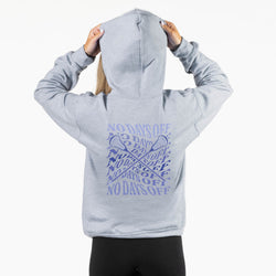 A person shown from the back wearing a light heather gray hoodie with a large light blue graphic print on the back. The graphic features the text 'NO DAYS OFF' repeated with crossed lacrosse sticks.