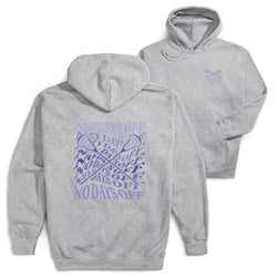 A heather gray pullover hoodie shown from both the front and back. The front features a small, subtle light blue crossed lacrosse sticks logo on the left chest.