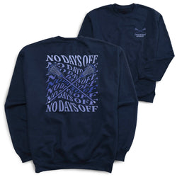 A navy blue crewneck sweatshirt shown from both the back and front. The back features a large graphic with crossed lacrosse sticks and the text 'NO DAYS OFF' repeated in a light blue pattern.