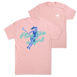 A light pink short-sleeve t-shirt shown from both the front and back. The back features a large graphic of a lacrosse player in blue and teal text that reads 'Play like a Girl'.