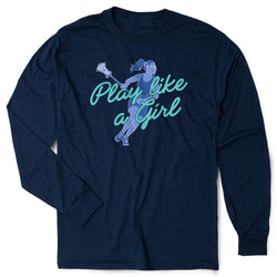 A navy blue long-sleeve t-shirt with a graphic on the chest showing a blue silhouette of a female lacrosse player and the text 'Play like a Girl' in light blue script, displayed on a clean white background.
