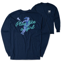 Two navy blue long-sleeve t-shirts shown on a white background, with the back view in front and the front view behind. The back features a large graphic of a lacrosse player in blue and teal text reading 'Play like a Girl'.