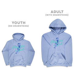 Two light blue pullover hoodies shown on a white background, labeled YOUTH (no drawstring) and ADULT (with drawstring). Each hoodie has a front kangaroo pocket and a chest graphic with a blue dog silhouette and turquoise script text reading 'Play like a girl'.