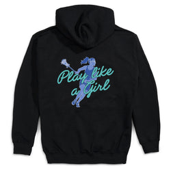 A black hoodie shown from the back, featuring a graphic of a blue female athlete with a lacrosse stick and the text 'Play like a Girl' in light blue script.