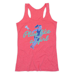 A coral pink racerback tank top featuring a graphic of a lacrosse player in blue and teal with the text 'Play like a girl' across the front, displayed on a solid white background.