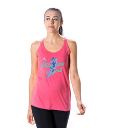 A woman modeling a pink racerback tank top with a blue graphic of a lacrosse player and the text 'Play like a girl' on a solid white background.