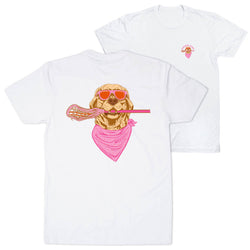Two white short-sleeve T-shirts shown on a light gray background, with the front and back views overlapping. The back shirt features a large graphic of a golden retriever wearing pink sunglasses and a pink bandana while holding a pink lacrosse stick.