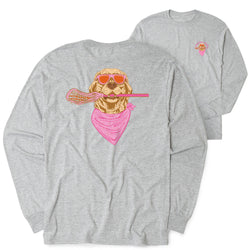A heather gray long-sleeve t-shirt shown from both the front and back. The back features a large graphic of a golden retriever wearing orange sunglasses and a pink bandana, holding a pink lacrosse stick.