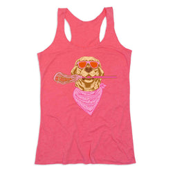 A heather pink racerback tank top featuring a graphic of a golden retriever wearing orange sunglasses and a pink bandana, holding a lacrosse stick.