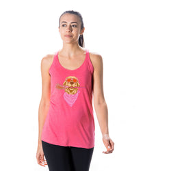 A woman modeling a pink racerback tank top with a graphic of a cartoon dog wearing sunglasses and a pink bandana, paired with black leggings, against a solid white background.