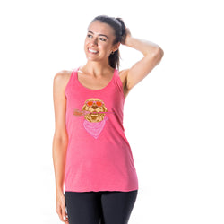 A woman modeling a pink racerback tank top with a graphic of a golden retriever wearing sunglasses and a bandana, paired with black leggings against a white studio background.