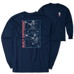 A navy blue long-sleeve t-shirt shown from both the front and back. The back features a large graphic with a white blueprint-style drawing of a lacrosse player, a vertical pink text reading 'BUILT DIFFERENT', and a light blue grid.