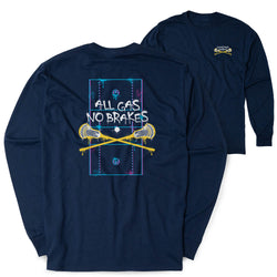 A navy blue long-sleeve t-shirt shown from both the front and back. The back features a large graphic with crossed lacrosse sticks, a lacrosse ball, and the text 'ALL GAS NO BRAKES' in white, set against a blue and purple rectangular background.