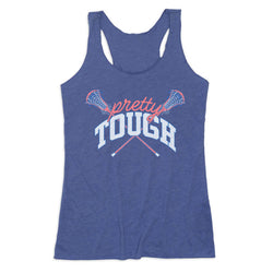 A heathered blue racerback tank top featuring a graphic print of crossed lacrosse sticks and the text 'pretty TOUGH' in pink and white, displayed on a solid white background.