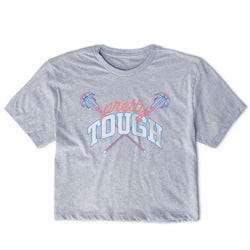 A heather gray short-sleeve t-shirt with a graphic on the front that reads 'Pretty TOUGH' in pink and light blue, featuring crossed lacrosse sticks and lacrosse heads.