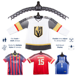 Hanger with jersey display features and examples of jerseys on hangers.
